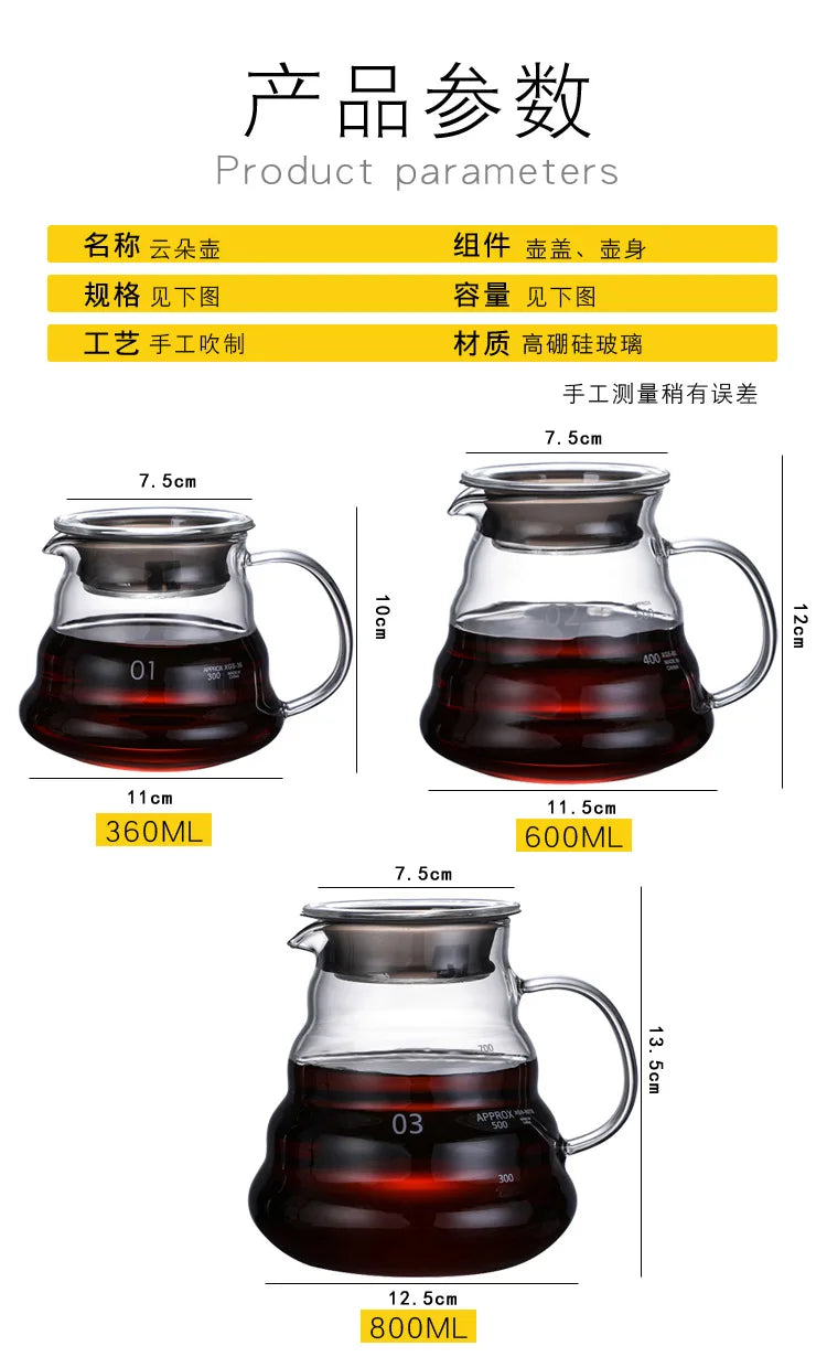 Cafetera de Vidrio Resistente al Calor con Tapa – 360 ml / 600 ml / 800 ml | Tetera Transparente para Café o Té